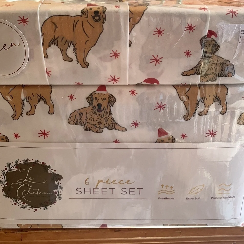 Christmas Golden Retriever Santa Paws Queen Sheets Set NEW
